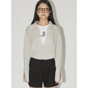 Uncle Studios The Wool-Cashmere Open Polo Sweater Gray Oversized Size Small S